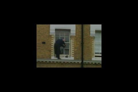 Man on window ledge fixing something